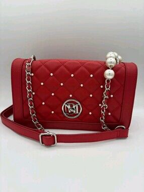 Bagley Mischka Quilted Red Pearl-Accent Crossbody Bag NWT